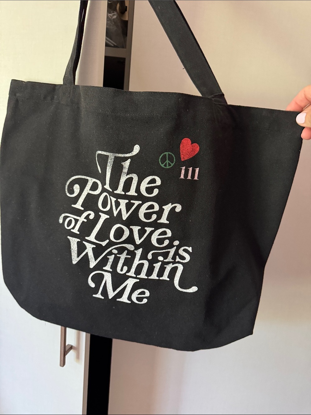 Canvas Tote Bag with 'The Power of Love is Within Me' Print - Black